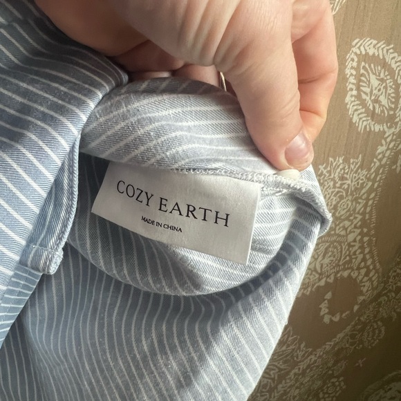 Cozy Earth Coastal Comfort Mock Neck Short Sleeve Button Down in Ocean Stripe - Picture 7 of 8